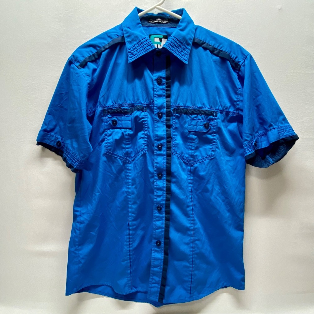 Franky Max Button Up Shirt Men's Medium Blue Navy Trim Short Sleeve Top EUC